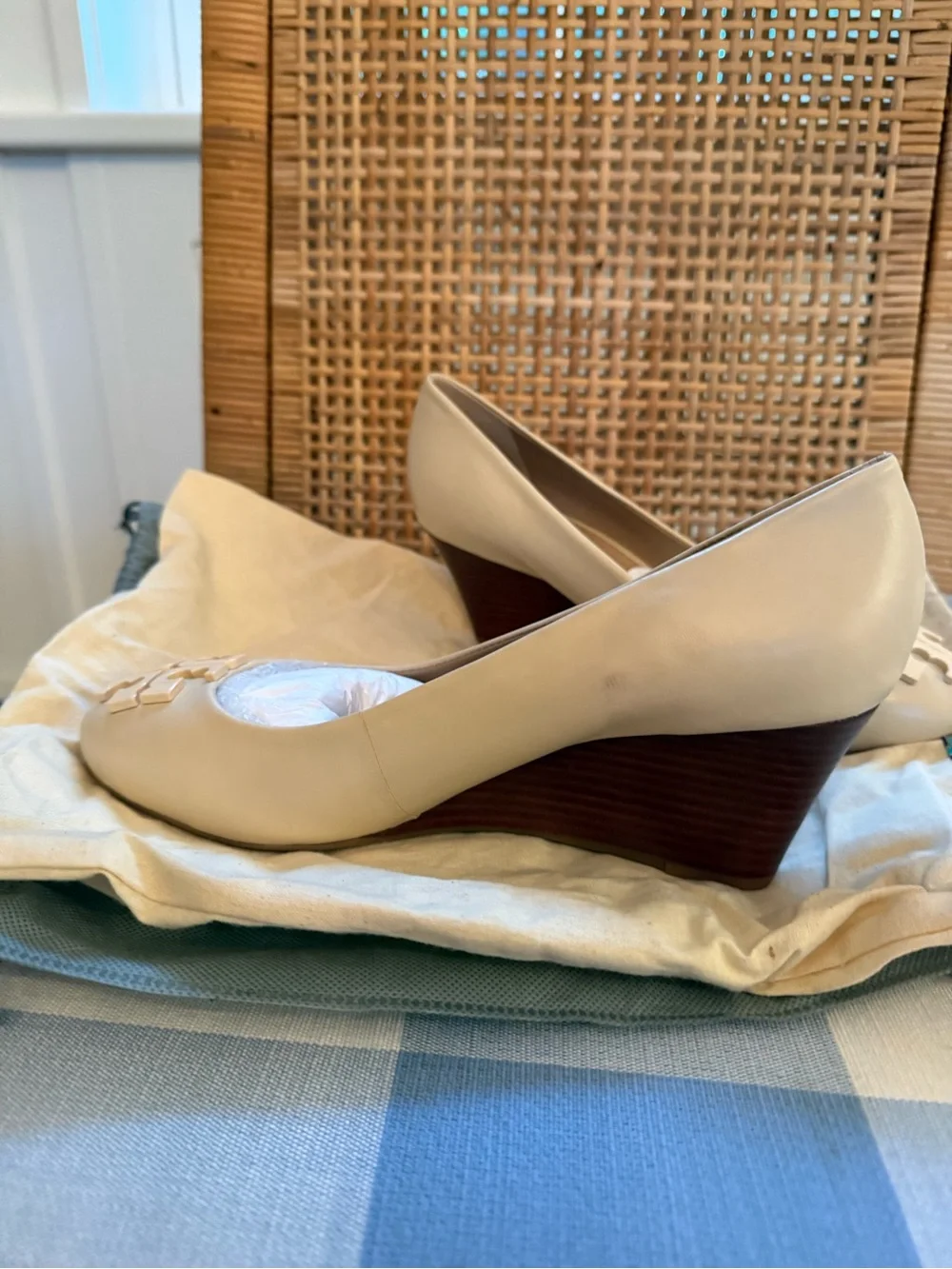 Tory Burch Cream Leather Wedge Pumps with Logo Plaque